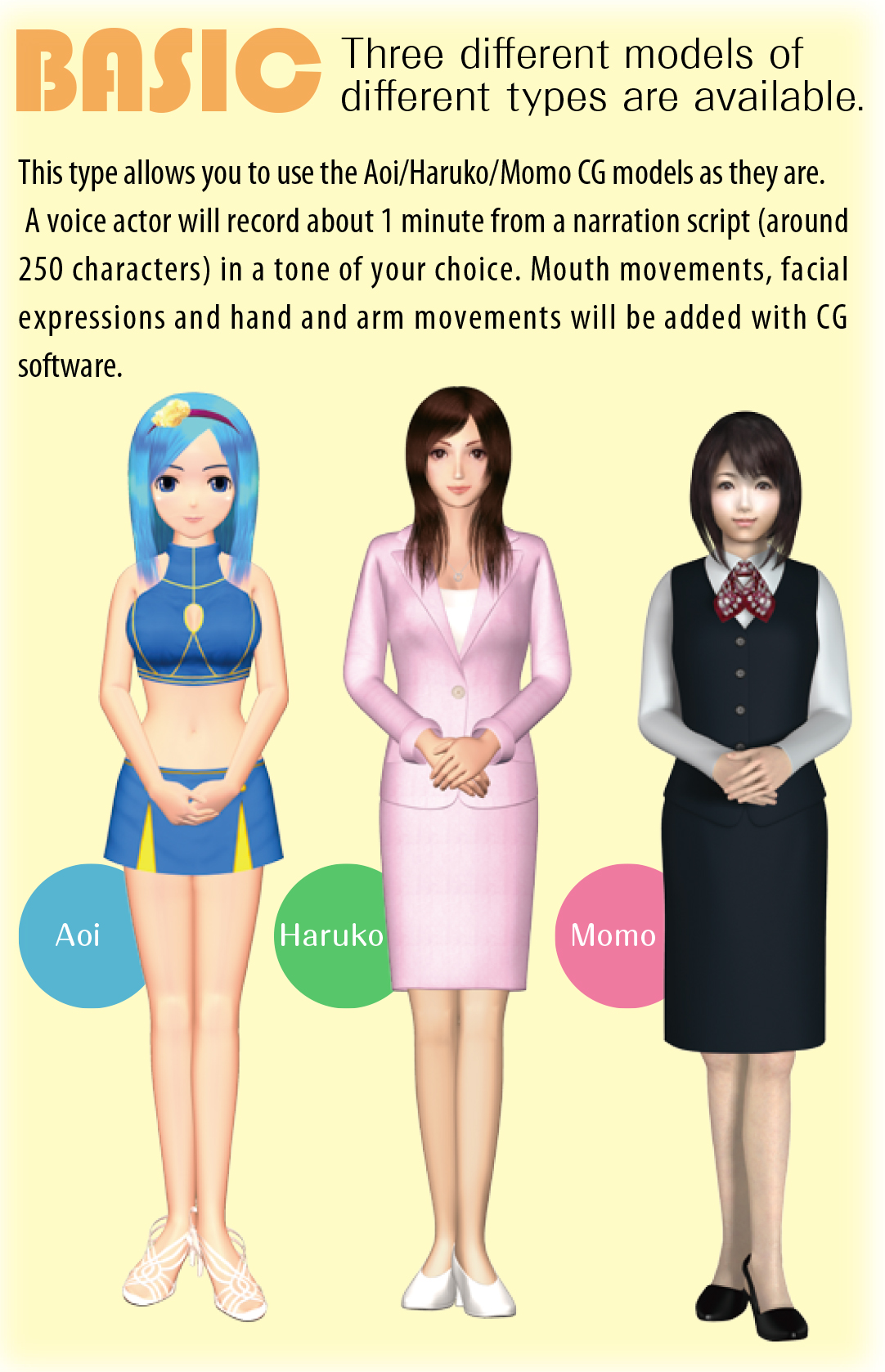 BASIC Three different models of different types are available. This type allows you to use the Aoi/Haruko/Momo CG models as they are. A voice actor will record about 1 minute from a narration script (around 250 characters) in a tone of your choice. Mouth movements, facial expressions and hand and arm movements will be added with CG software.